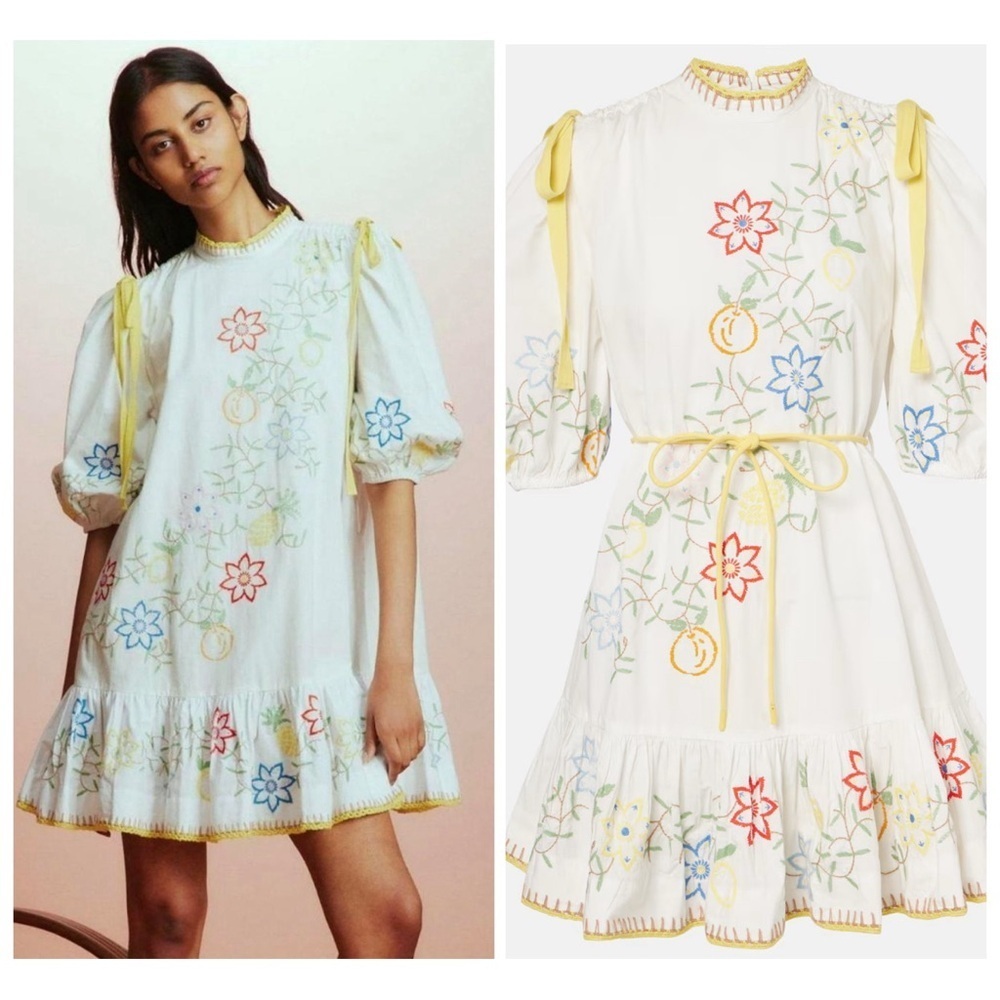 NWT Alemais Cream Mini Dress Size 6 US 2 Floral Embroidered Cotton Puff Sleeve